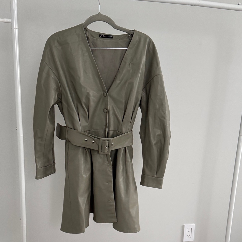 Women’s Olive Faux-Leather Dress woman with Belt